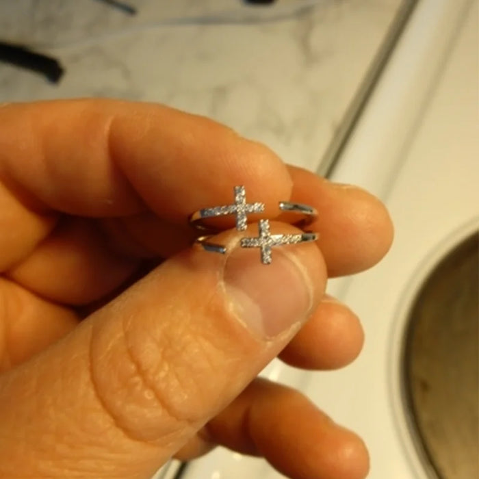 Shiny Opening Zircon Double Cross Rings For Woman Gold Color Stainless
