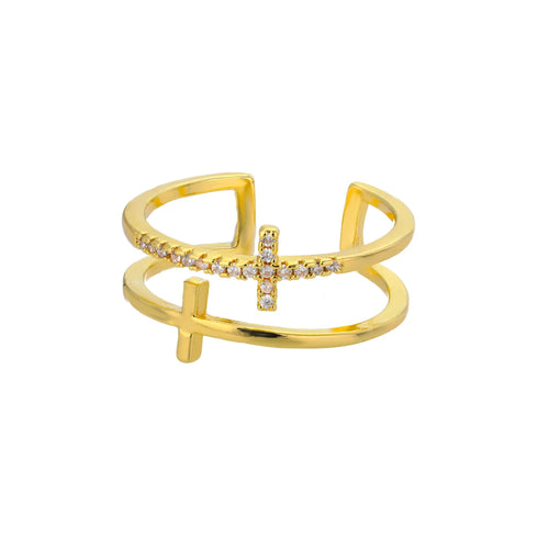Shiny Opening Zircon Double Cross Rings For Woman Gold Color Stainless
