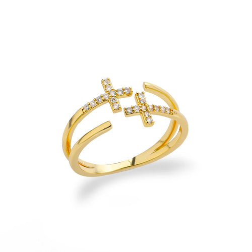 Shiny Opening Zircon Double Cross Rings For Woman Gold Color Stainless