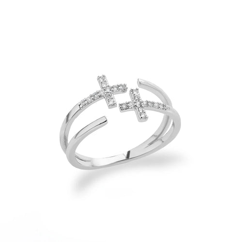 Shiny Opening Zircon Double Cross Rings For Woman Gold Color Stainless