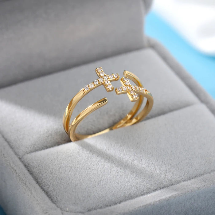 Shiny Opening Zircon Double Cross Rings For Woman Gold Color Stainless