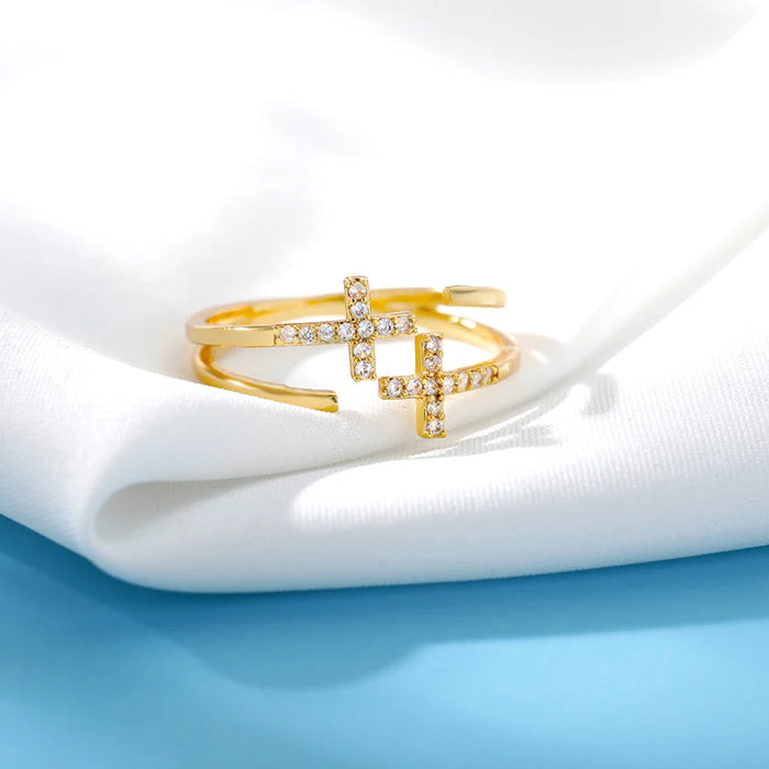 Shiny Opening Zircon Double Cross Rings For Woman Gold Color Stainless