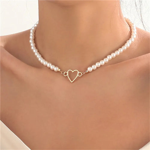 Imitation Pearl Trendy Love Heart  Choker Necklace Female Personality