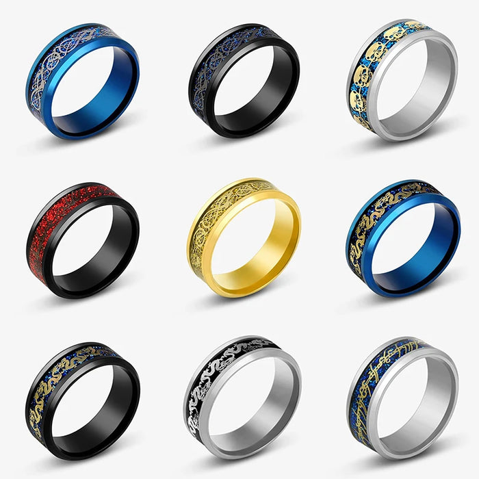 2025 Fashion Men Stainless Steel Celtic Dragon Ring Inlaid Red Blue