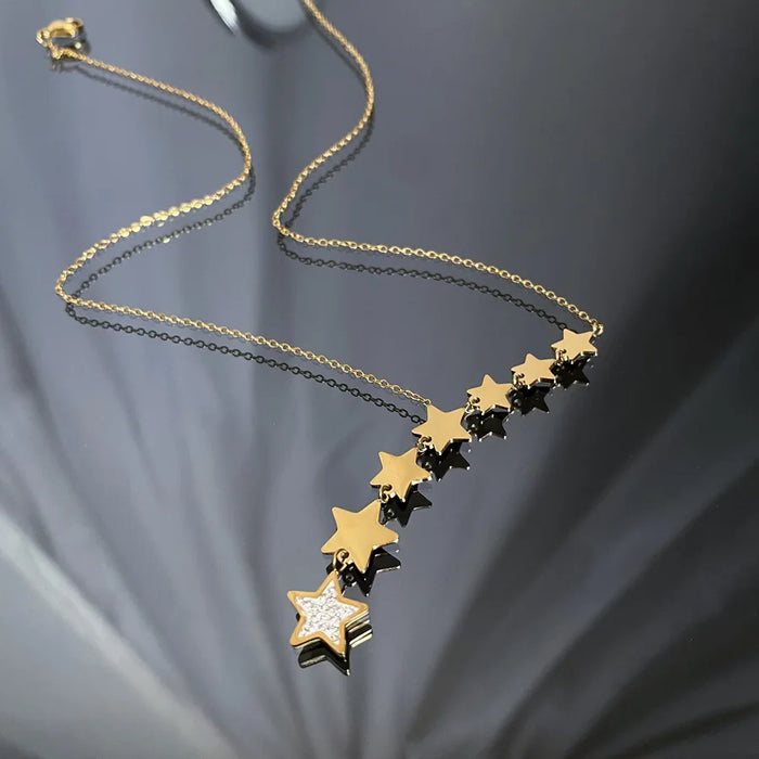 ZAKOL 316L Stainless Steel Stars Zircon Y-shaped Necklace Long Charms