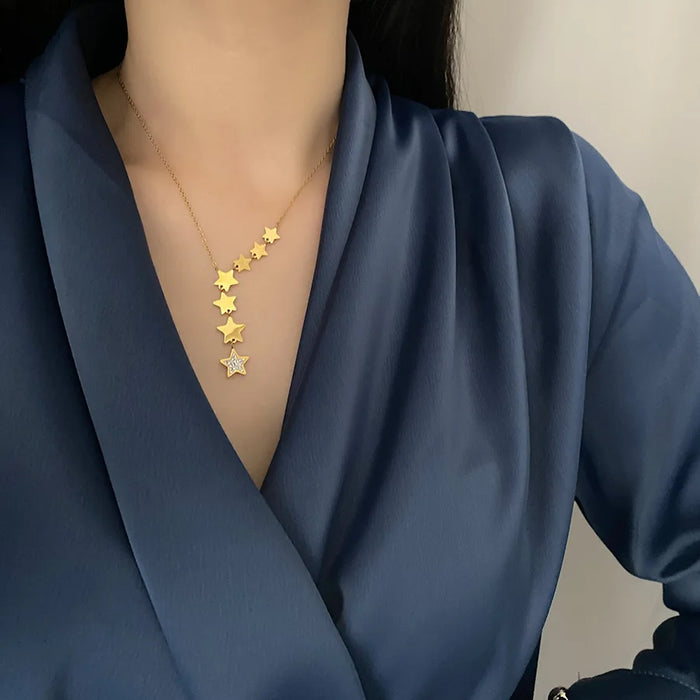 ZAKOL 316L Stainless Steel Stars Zircon Y-shaped Necklace Long Charms