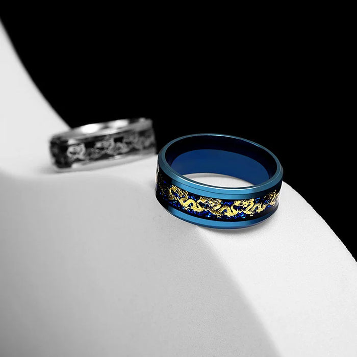 2025 Fashion Men Stainless Steel Celtic Dragon Ring Inlaid Red Blue