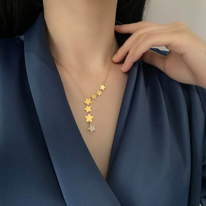 ZAKOL 316L Stainless Steel Stars Zircon Y-shaped Necklace Long Charms