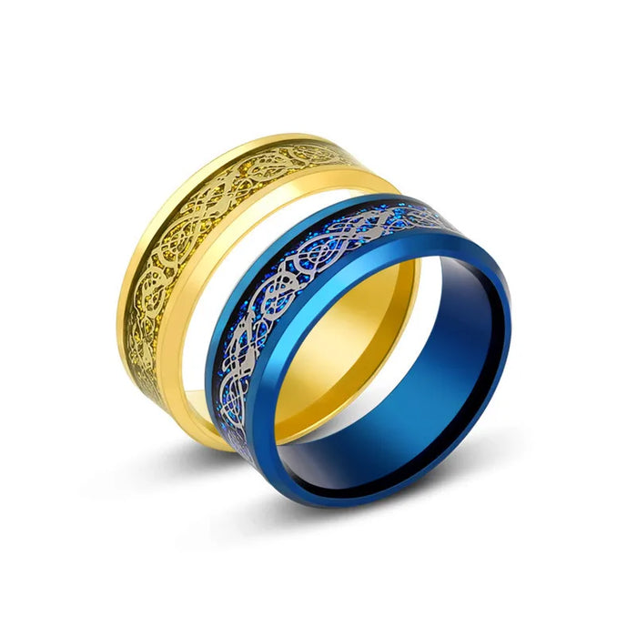 2025 Fashion Men Stainless Steel Celtic Dragon Ring Inlaid Red Blue