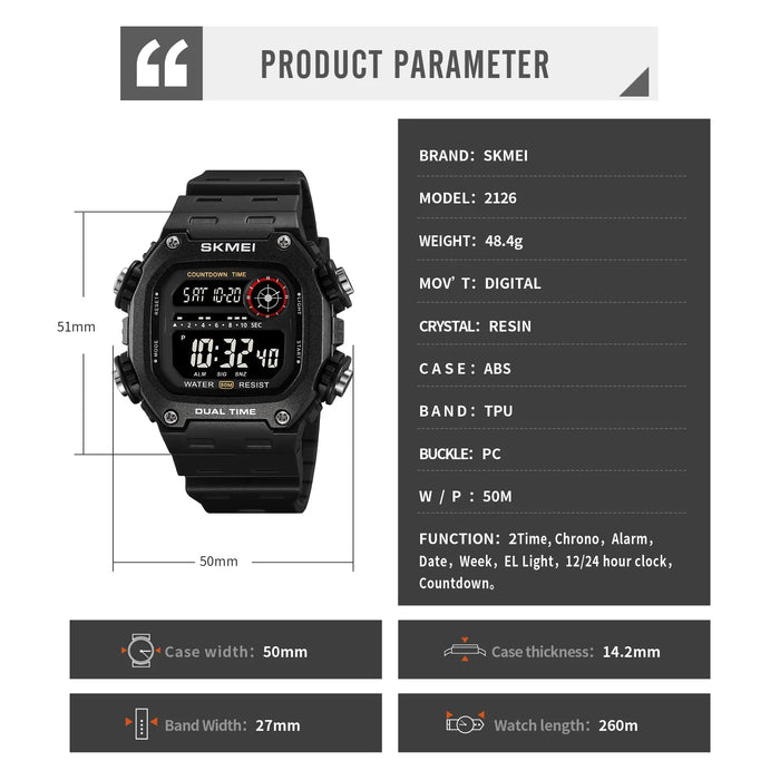 SKMEI 2126 Digital Countdown Sports Watches for Men LED Display