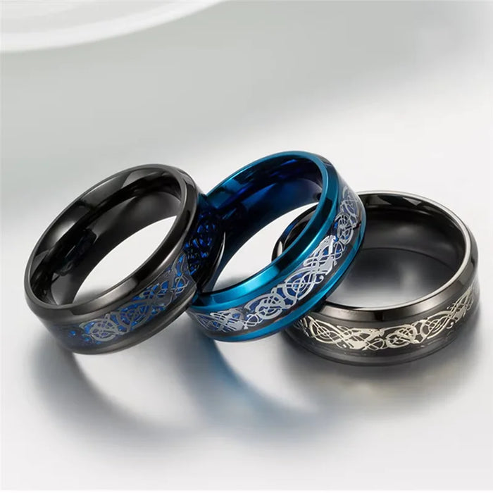 2025 Fashion Men Stainless Steel Celtic Dragon Ring Inlaid Red Blue