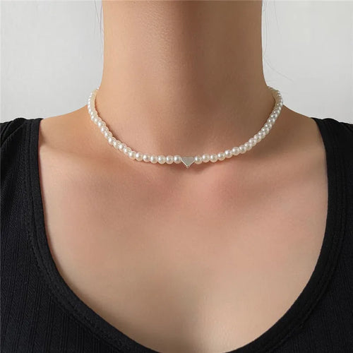 Imitation Pearl Trendy Love Heart  Choker Necklace Female Personality