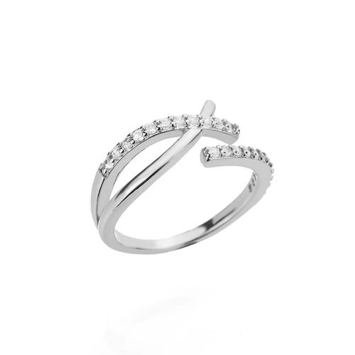 Shiny Opening Zircon Double Cross Rings For Woman Gold Color Stainless