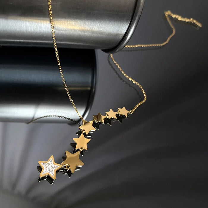 ZAKOL 316L Stainless Steel Stars Zircon Y-shaped Necklace Long Charms