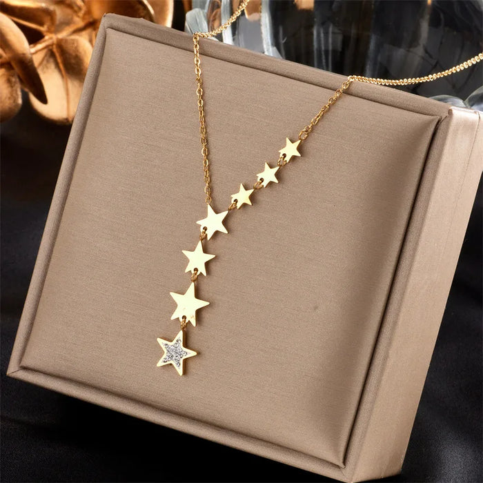 ZAKOL 316L Stainless Steel Stars Zircon Y-shaped Necklace Long Charms