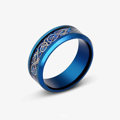 2025 Fashion Men Stainless Steel Celtic Dragon Ring Inlaid Red Blue